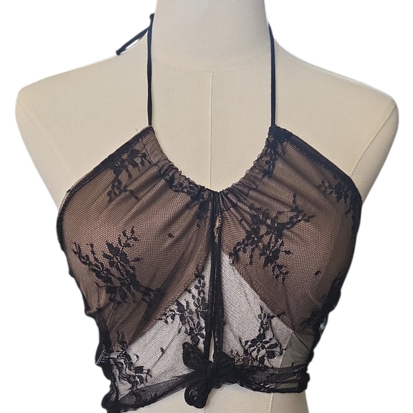Elegant Black And Tan Lace Halter Bralette Size XS - Picture 4 of 4